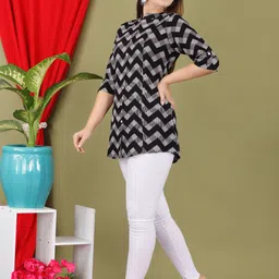 febq Casual Roll Up Sleeves Printed Women Black, Grey Top image 5