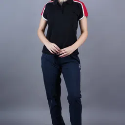 trenz Women Self Design Polo Neck Cotton Blend Black T-Shirt image 5