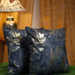 hosta homes Blue Velvet Floral 16X16 Inches Cushion Covers (Pack of 2) image 1