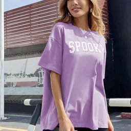 calm down Women Typography Round Neck Cotton Blend Purple T-Shirt image 5