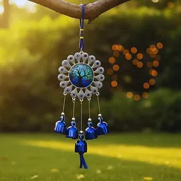 wordgizzlestore Blue Bells of the Guardian Arch | Feng Shui Hanging for Positivity & Protection Brass Windchime image 2