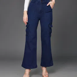 miss chase Women Flared High Rise Dark Blue Jeans image 2