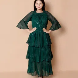 aksha creation Women Layered Dark Green Maxi/Full Length Dress-picture-22