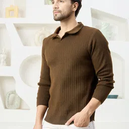 kvetoo Men Self Design Collared Neck Brown Sweater image 4