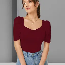 dream beauty fashion Casual Puff Sleeves Solid Women Maroon Top-picture-37