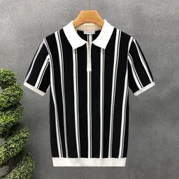 conway Men Striped Polo Neck Cotton Blend Black, White T-Shirt-picture-20