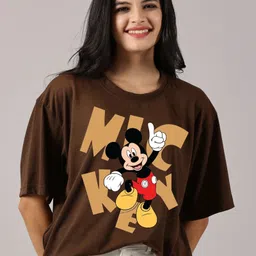 disney by dreambe Women Printed Round Neck Cotton Blend Brown T-Shirt-picture-14