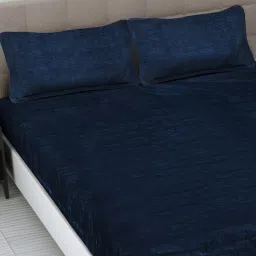 fabinaliv Navy Blue Abstract 300 TC Woollen Fitted Double Bedsheet with 2 Pillow Covers image 1