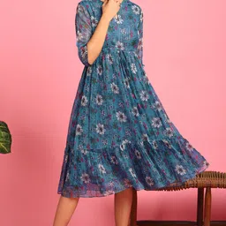 janasya Women Fit and Flare Blue Midi/Calf Length Dress image 2