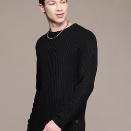 wrogn Men Self Design Round Neck Black Sweater image 2