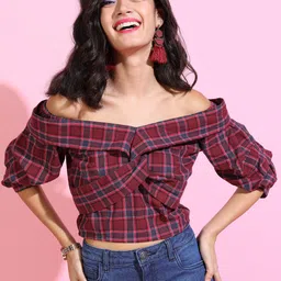 tokyo talkies Casual Regular Sleeves Checkered Women Maroon Top image 1