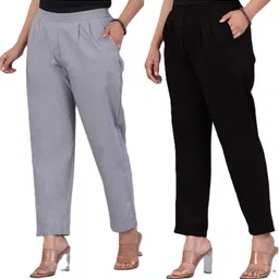 solid stitching Pack of 2 Women Comfort Fit Black, Maroon Pure Cotton Trousers-picture-16