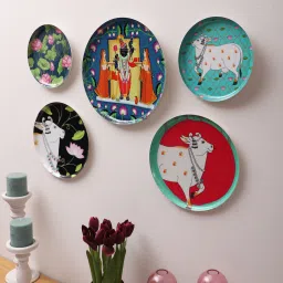 amaya decors Cow Metal & Meena Wall Plates Set of 5 image 3