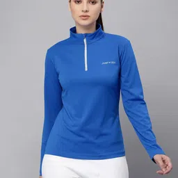 jump usa Women Solid High Neck Polyester Blue T-Shirt image 3