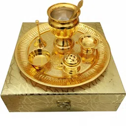 piru Golden Brass Finish Puja Thali Set with Pooja Accessories Gold Plated image 5