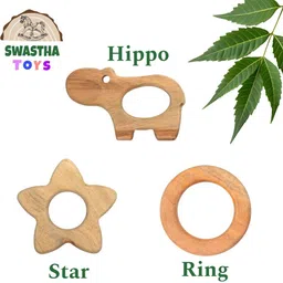 swastha toys Neem Wood Teethers | Combo of Cute Hippo, Star & Ring Rattle image 2
