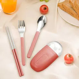 aahanstationers STAINLESS STEEL Spoon Fork & CHOPSTICKS Set with Storage Box for Kids STUDENTS Stainless Steel Cutlery Set image 4