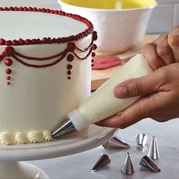 ys creation Combo 12 Piece Cake Decorating Set Frosting Icing Piping Bag Tips with Steel Nozzles. Reusable & Washable + 3 pc Scrapper Kitchen Tool Set image 2