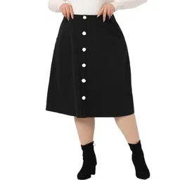 tripursundari fashion Z Black Plus Size Buttoned A-Line Midi Denim Skirt image 1