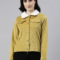 Campus Sutra Women Yellow Corduroy Outdoor Tailored Jacket-image-34