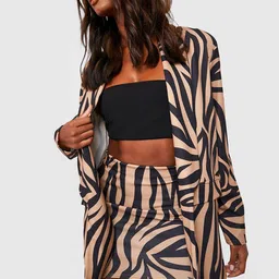 Boohoo Women Zebra Print Front-Open Shawl Collar Co-Ords-picture-12