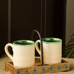 ExclusiveLane Off White & Green Set Of 2 Ceramic Tea & Coffee Cups with Wooden Tray-picture-18