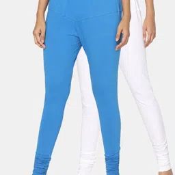 TSG Bliss Women Pack Of 2 White & Blue Solid Churidar-Length Leggings-image-83