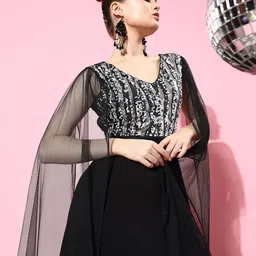 Athena Black & Silver-Coloured Embellished Sequin Cape Sleeves Net Maxi Dress-image-46