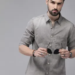 Roadster Men Grey Solid Regular Fit Pure Cotton Casual Shirt-picture-13