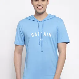 Friskers Men Turquoise Blue Printed Hood T-shirt-image-52
