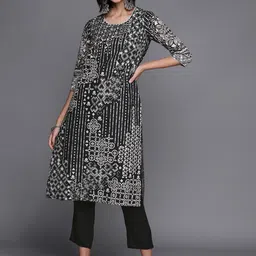Biba Women Black & White Geometric Printed Cotton Kurta-image-96