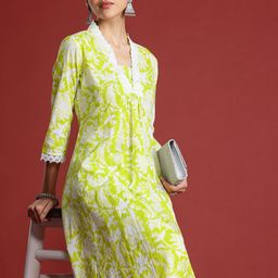Indo Era Women Floral Printed Pleated Pure Cotton Kurta with Trousers-picture-36