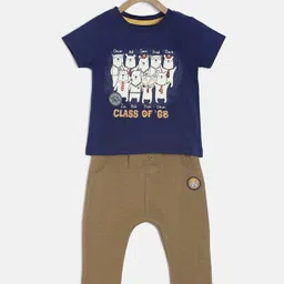 MINI KLUB Boys Navy Blue & Brown Printed T-shirt with Trousers-picture-47