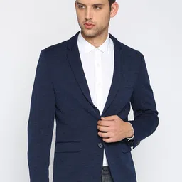 Basics Men Navy Blue Single-Breasted Pure Cotton Blazer-picture-11