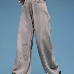 HERE&NOW Women Baggy Mid-Rise Light Fade Embellished Pure Cotton Jeans-picture-24