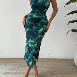 StyleCast x Revolte Women Abstract Printed Slits Halter Neck Bodycon Midi Dress-picture-28