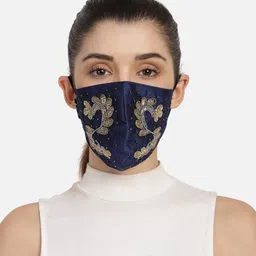 Anekaant Women Navy Blue & Gold-Toned Art Silk Embellished 3-Ply Reusable Cloth Mask-picture-39