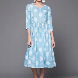 Biba Women Blue & White Ethnic Motifs Print A-Line Midi Dress-picture-10