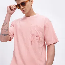 glitchez Peach Relaxed Fit Round Neck T-shirt with Pocket Detail-picture-10