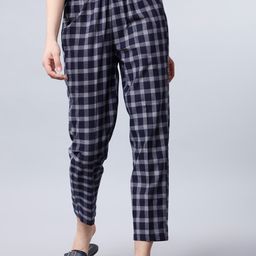 Vishudh Women Navy Blue Slim Fit Checked Trousers-picture-20