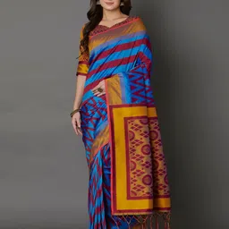 Mitera Blue & Mustard Yellow Silk Blend Printed Saree-image-69