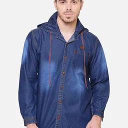 Kuons Avenue Men Blue Smart Slim Fit Faded Casual Denim Shirt-image-5