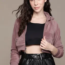 The Roadster Lifestyle Co. Velour Hooded Crop Sweatshirt-picture-30