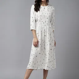 W Off White & Green Floral Print Keyhole Neck Ethnic A-Line Midi Dress-picture-19