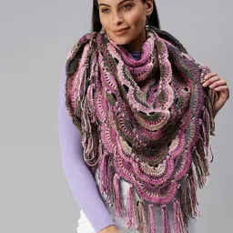 Magic Needles Women Pink & Grey Woven Design Poncho image 1