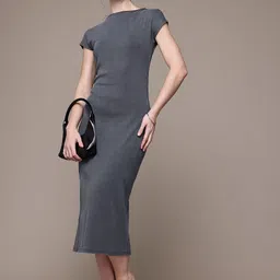 MANGO Boat Neck Extended Sleeves Ruched Midi Sheath Dress-picture-35