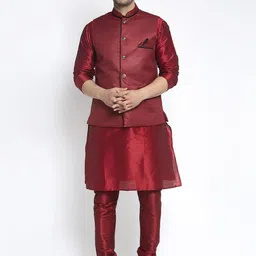 Benstoke Men Maroon Solid Kurta with Churidar and Nehru jacket-picture-20