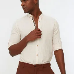 Trendyol Men Off Beige Pure Cotton Solid Casual Shirt-picture-46