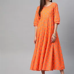 AURELIA Orange & Blue Floral Pure Cotton Ethnic A-Line Midi Dress-picture-26