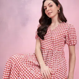 DressBerry Crinkled Checked Puff Sleeve Fit & Flare Midi Dress-image-88